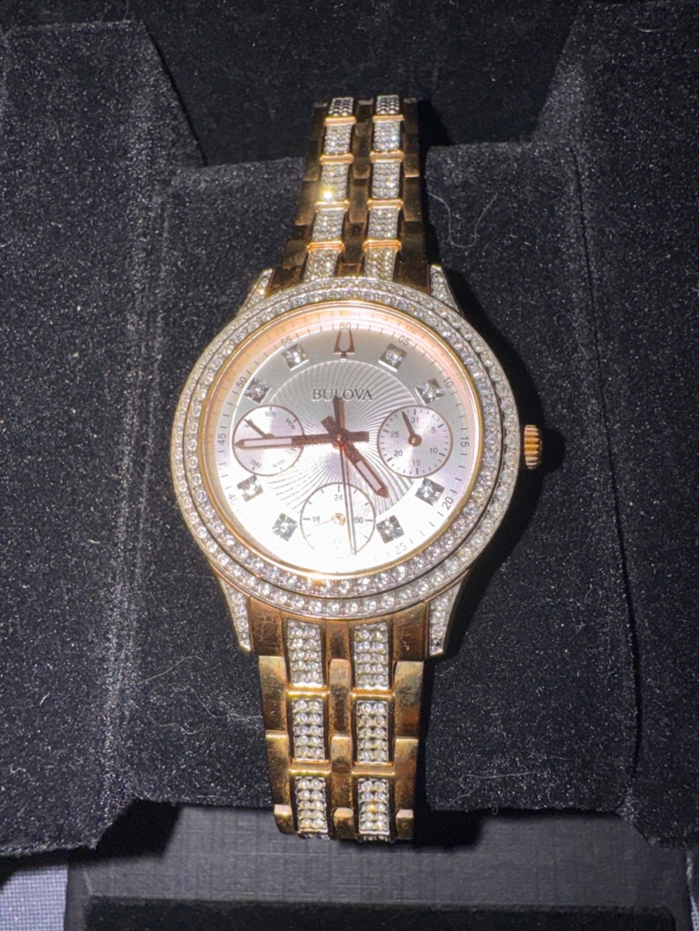 Bulova Women's Gold and Silver Crystal Accent Bracelet Watch with Bulova Box.
